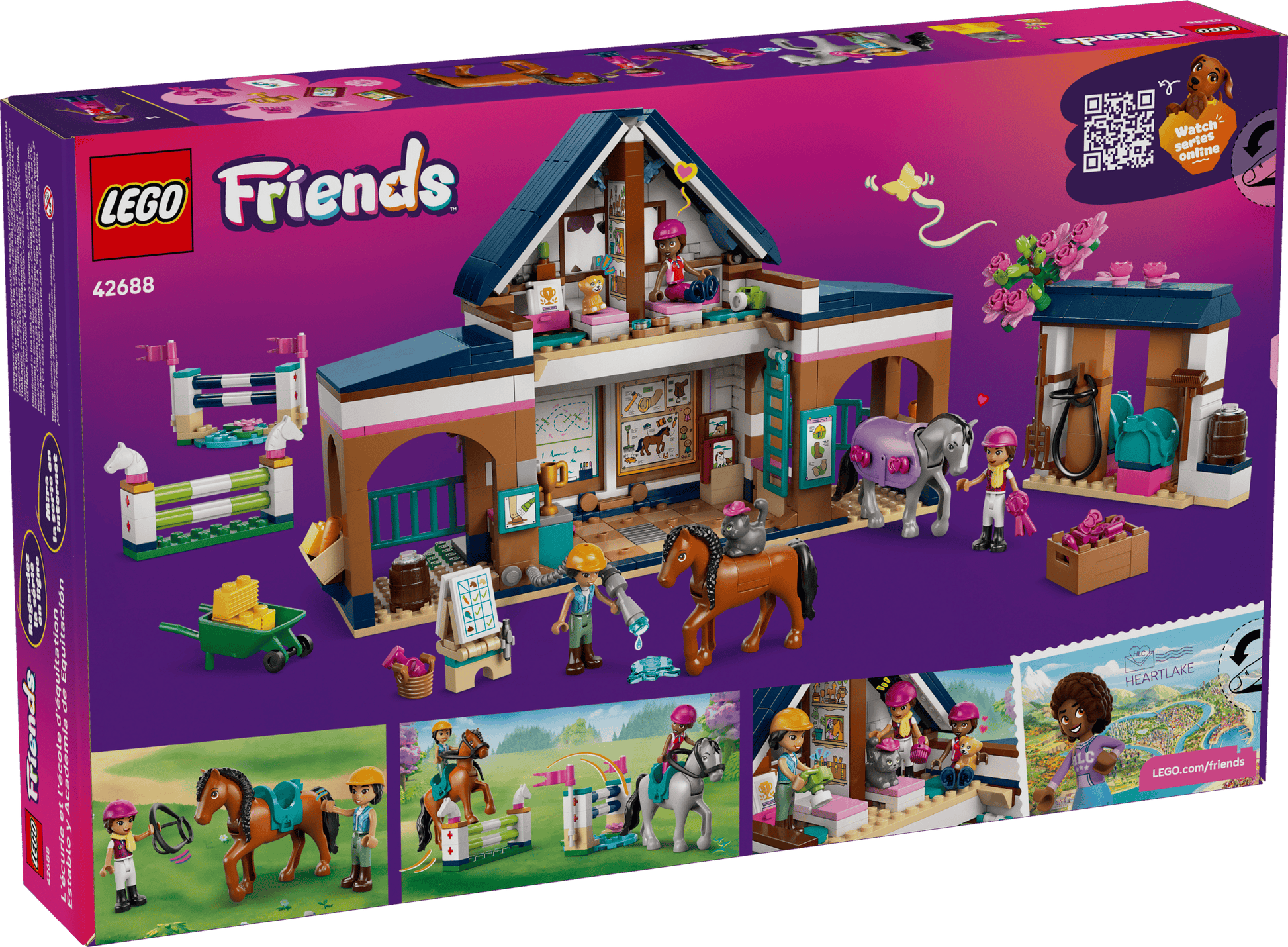 Box of LEGO® Friends Horse Stable and Riding Academy by Legos - Toyhouse, featuring horses, mini-dolls, and accessories in a stable scene—an ideal pretend play and horse lover gift—set on a purple background.