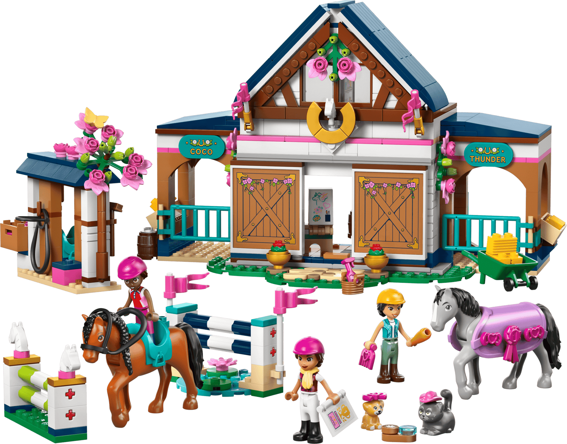 The LEGO® Friends Horse Stable and Riding Academy by Legos - Toyhouse features a stable, two horse toys, three mini-figures, jumps, accessories, and animal figures—ideal for creative riding academy adventures.