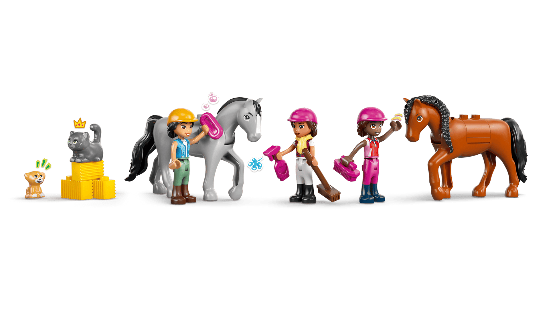 Three Legos - Toyhouse figures with helmets groom two horses at the LEGO® Friends Horse Stable and Riding Academy. A gray cat sits on yellow blocks, a tan dog is nearby, and grooming accessories make this set ideal for horse toy fans.