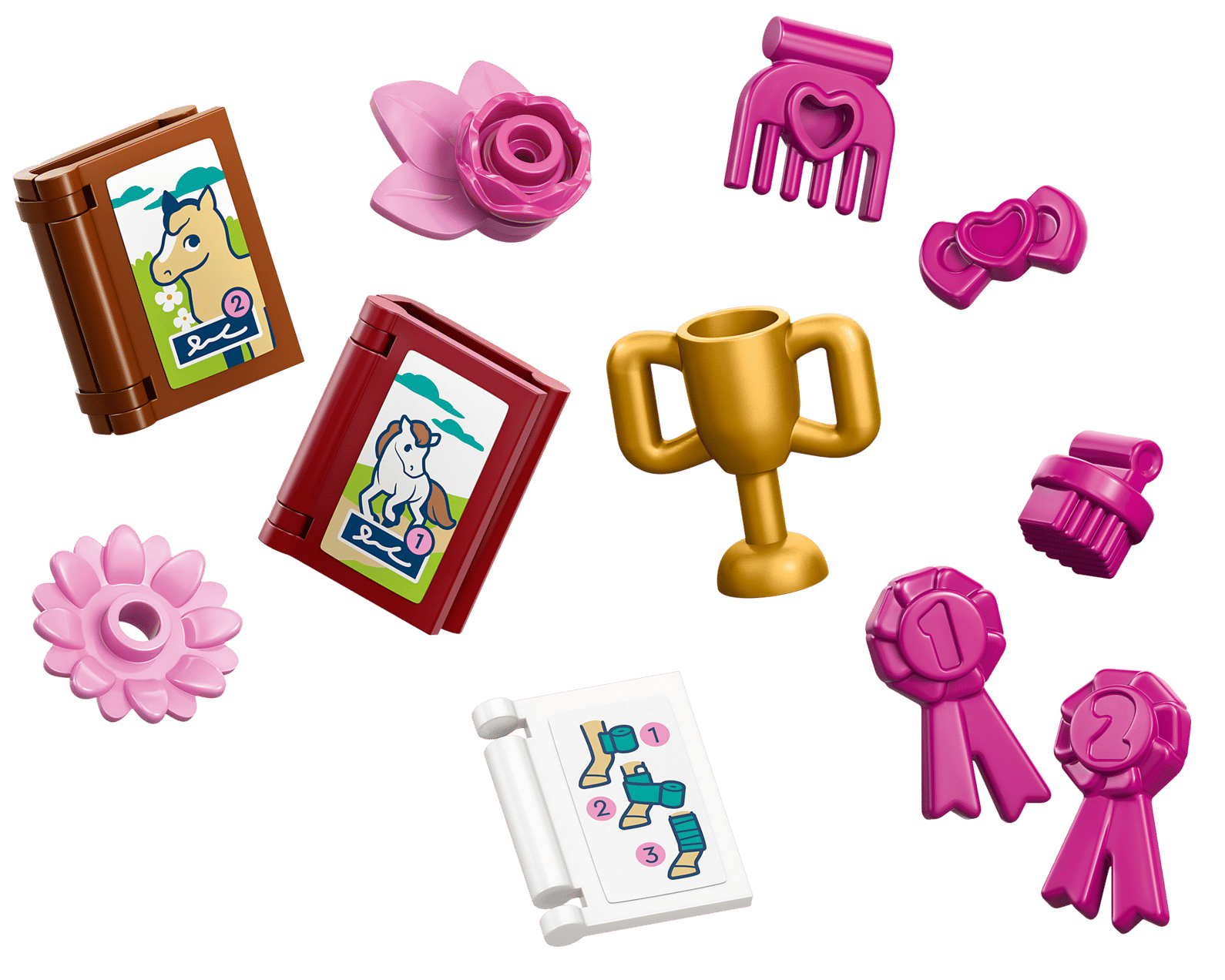Assorted LEGO accessories inspired by the LEGO® Friends Horse Stable and Riding Academy from Legos - Toyhouse, including two illustrated books, a trophy, flower, ribbon, comb, hair bow, cupcake, and instruction sheet.