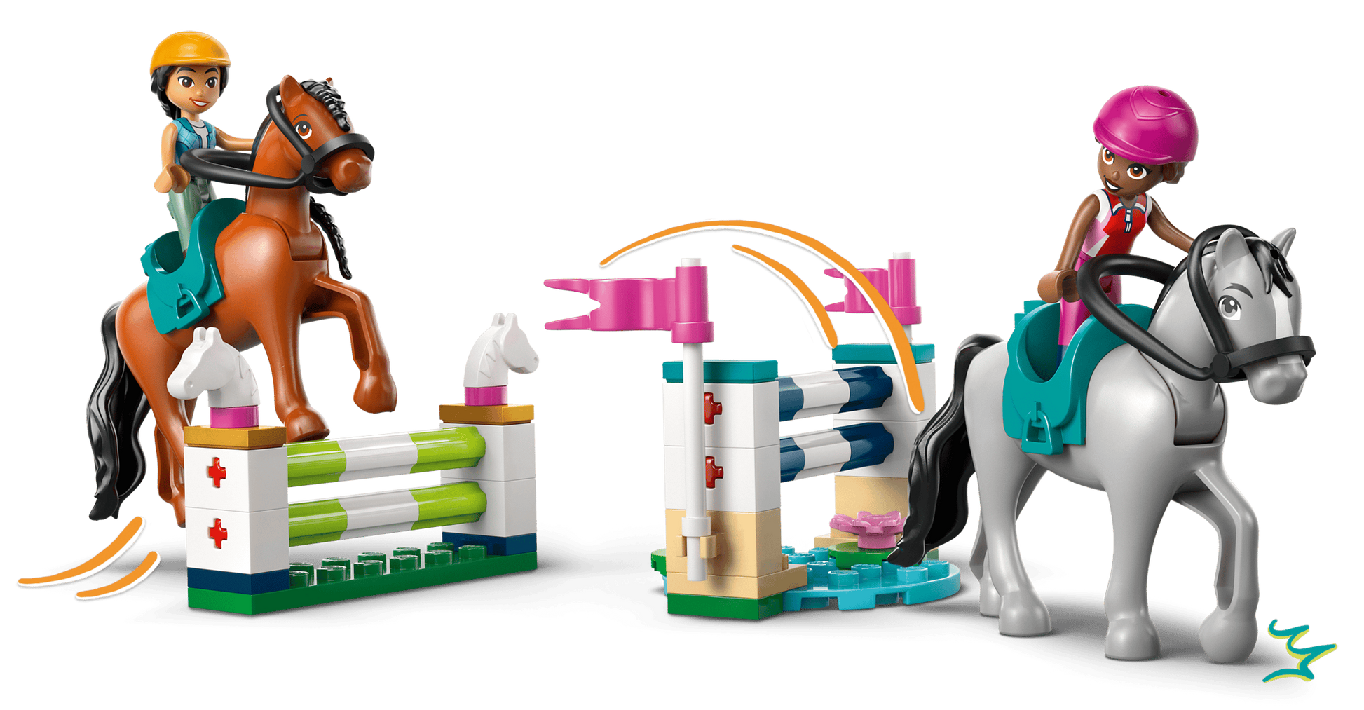 Two LEGO® Friends figures from Legos - Toyhouse jump horse toys over colorful brick fences with pink flags, recreating the vibrant equestrian scene of the LEGO® Friends Horse Stable and Riding Academy set.