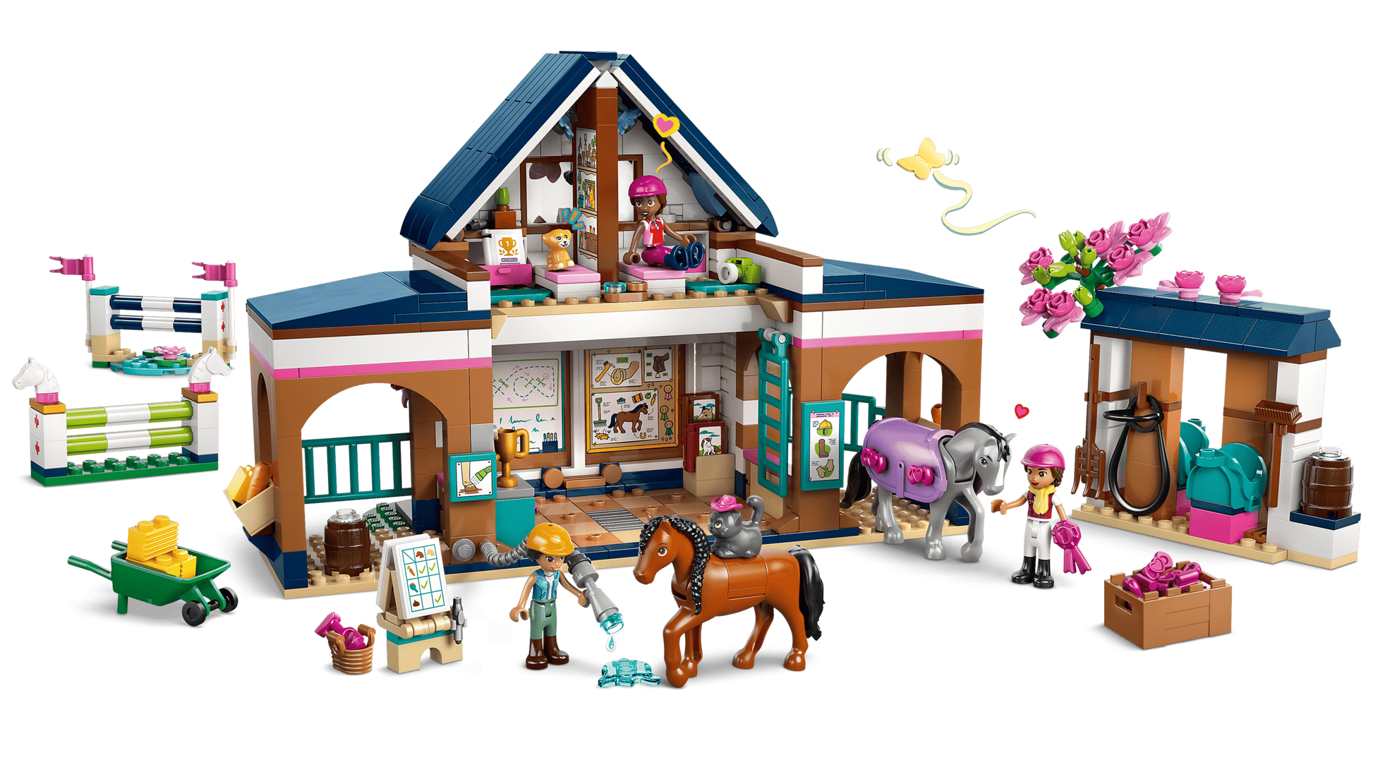 LEGO® Friends Horse Stable and Riding Academy by Legos - Toyhouse includes a two-story stable, figures, horse toys, and accessories like a jump, wheelbarrow, tack, and flowers—perfect for endless riding adventures.