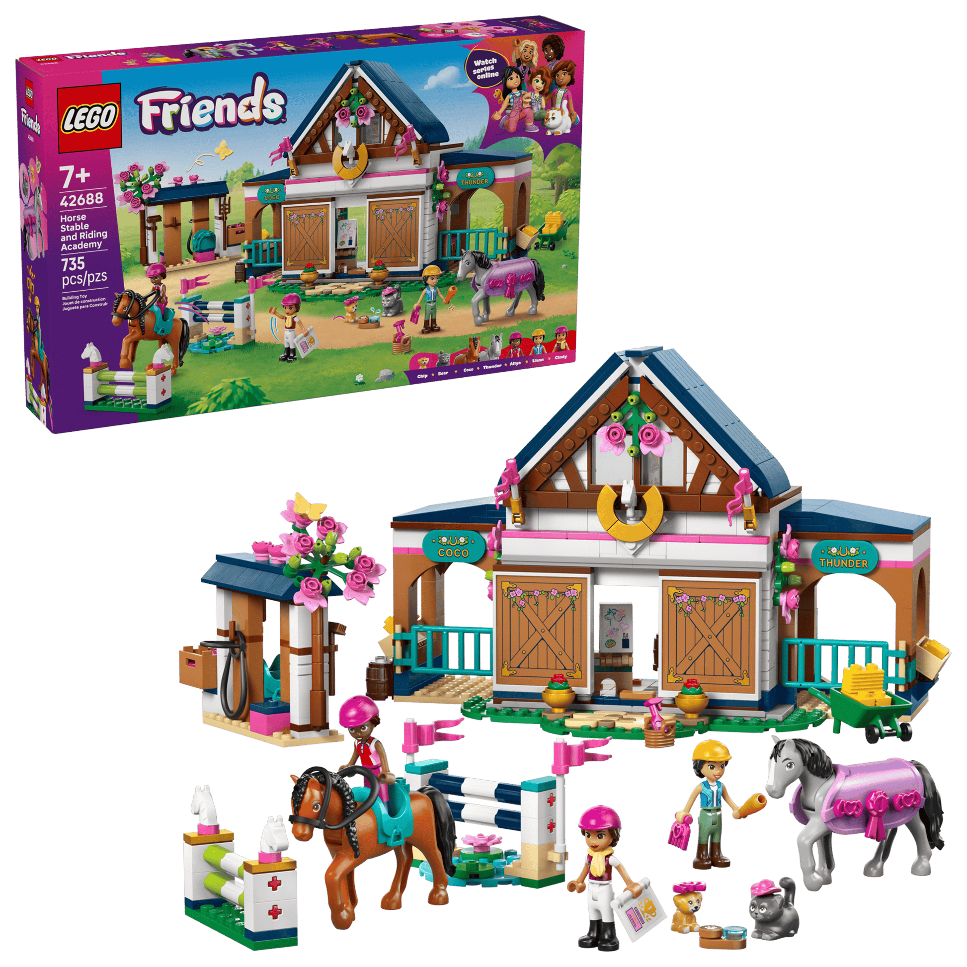 The LEGO® Friends Horse Stable and Riding Academy by Legos - Toyhouse includes a detailed stable, horse toys, three mini-figures, and fun accessories—ideal for riding academy fans; product box shown in the background.
