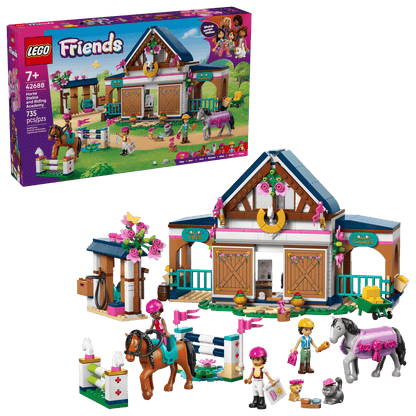 The LEGO® Friends Horse Stable and Riding Academy by Legos - Toyhouse includes a detailed stable, horse toys, three mini-figures, and fun accessories—ideal for riding academy fans; product box shown in the background.