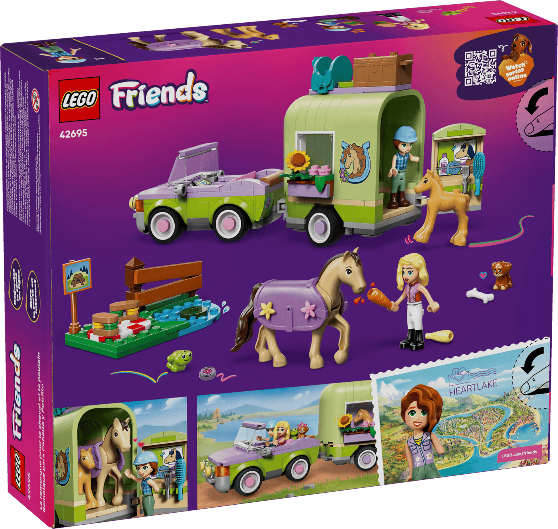 The Legos - Toyhouse LEGO® Friends Horse & Baby Foal Trailer set includes a horse trailer, car, two figures, horses, and accessories—perfect for horse lovers—and features a Heartlake map illustration on the box.