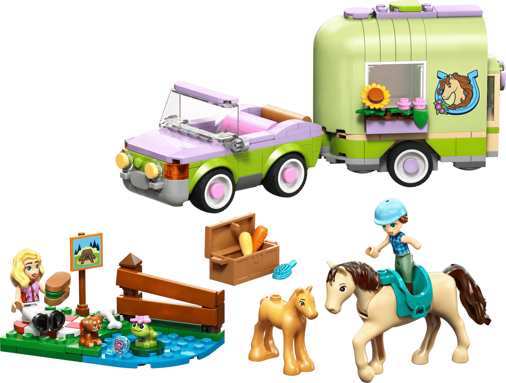 Ideal for horse lovers, the Legos - Toyhouse LEGO® Friends Horse & Baby Foal Trailer set features a pink and green car with trailer, 2 minifigures, a horse, foal, pond scene, and accessories for imaginative play.