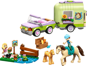 Ideal for horse lovers, the Legos - Toyhouse LEGO® Friends Horse & Baby Foal Trailer set features a pink and green car with trailer, 2 minifigures, a horse, foal, pond scene, and accessories for imaginative play.