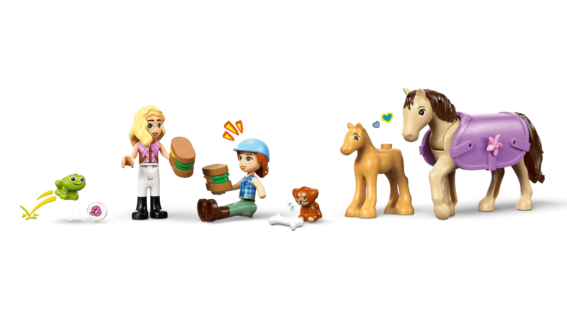 The Legos - Toyhouse LEGO® Friends Horse & Baby Foal Trailer playset includes toy figures, horses, a turtle, dog, and accessories—ideal for horse lovers and fans—featured against a white background.