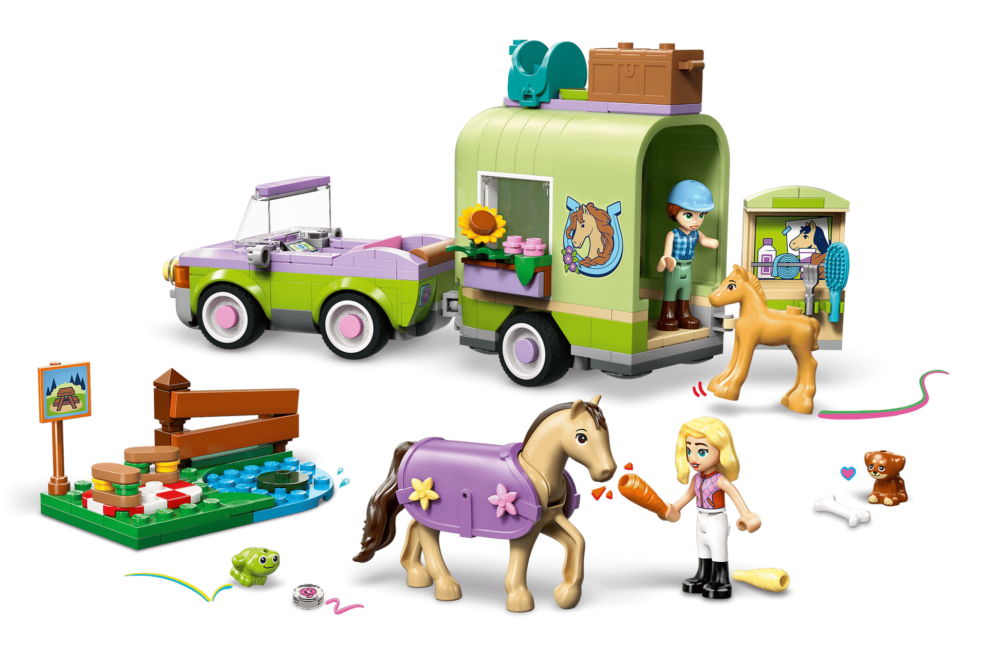 Perfect for horse lovers, the Legos - Toyhouse LEGO® Friends Horse & Baby Foal Trailer playset includes a green and purple trailer with car, two horses, two people, a dog, a turtle, and lots of fun accessories and play areas.
