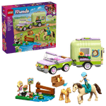 The LEGO® Friends Horse & Baby Foal Trailer by Legos - Toyhouse includes a green and purple car, two horse figures, two mini-dolls, and accessories—ideal for horse lovers; packaging shown in the background.