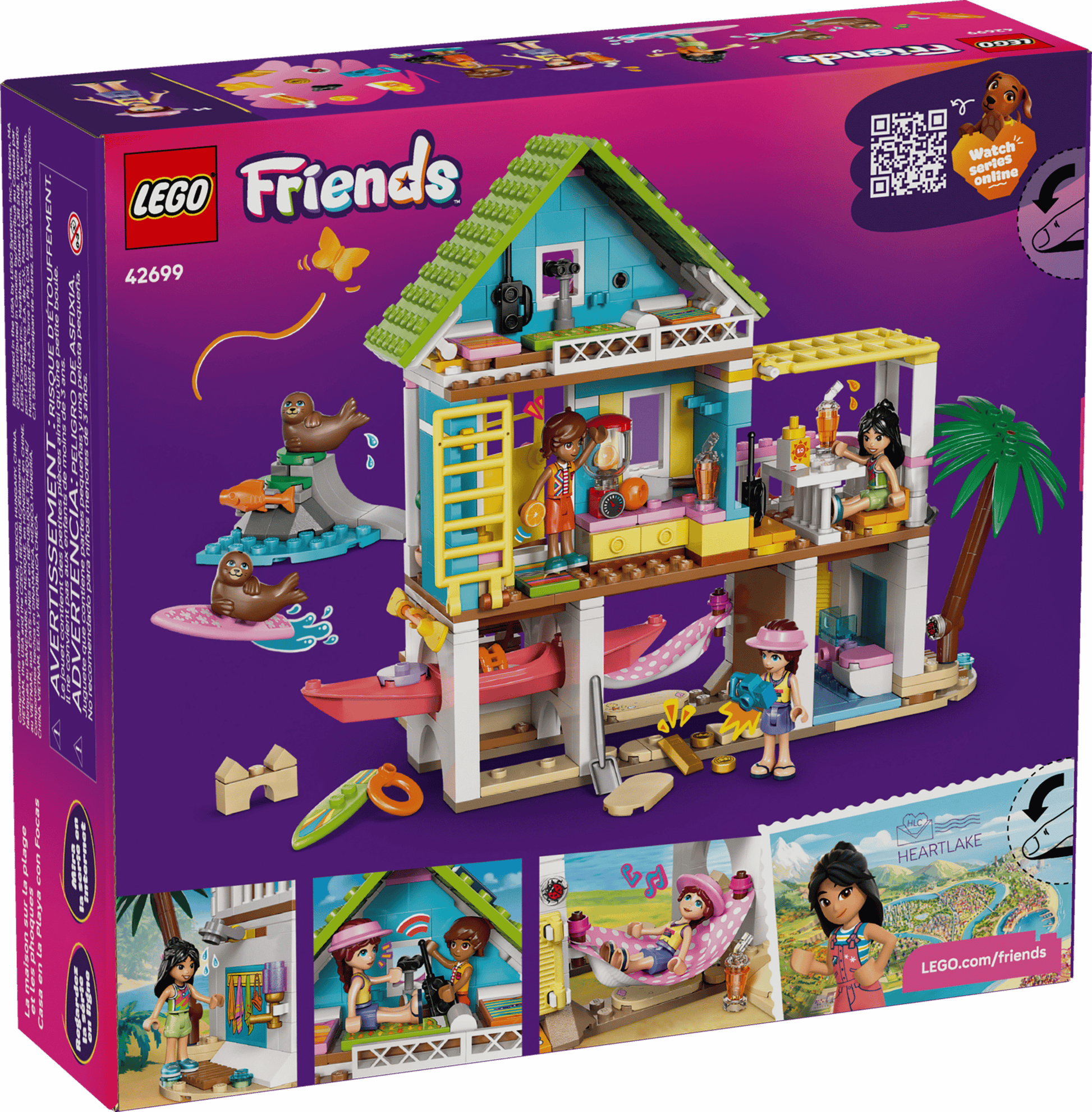 The LEGO® Friends Beach House with Seals by Legos - Toyhouse features a vibrant two-story playhouse, five figures, and accessories, all highlighted with illustrated details on a purple background.