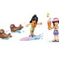 Two cartoon seals swim near a fish as a girl surfs; nearby, kids enjoy ice cream and take photos—a playful scene inspired by the Legos - Toyhouse LEGO® Friends Beach House with Seals.