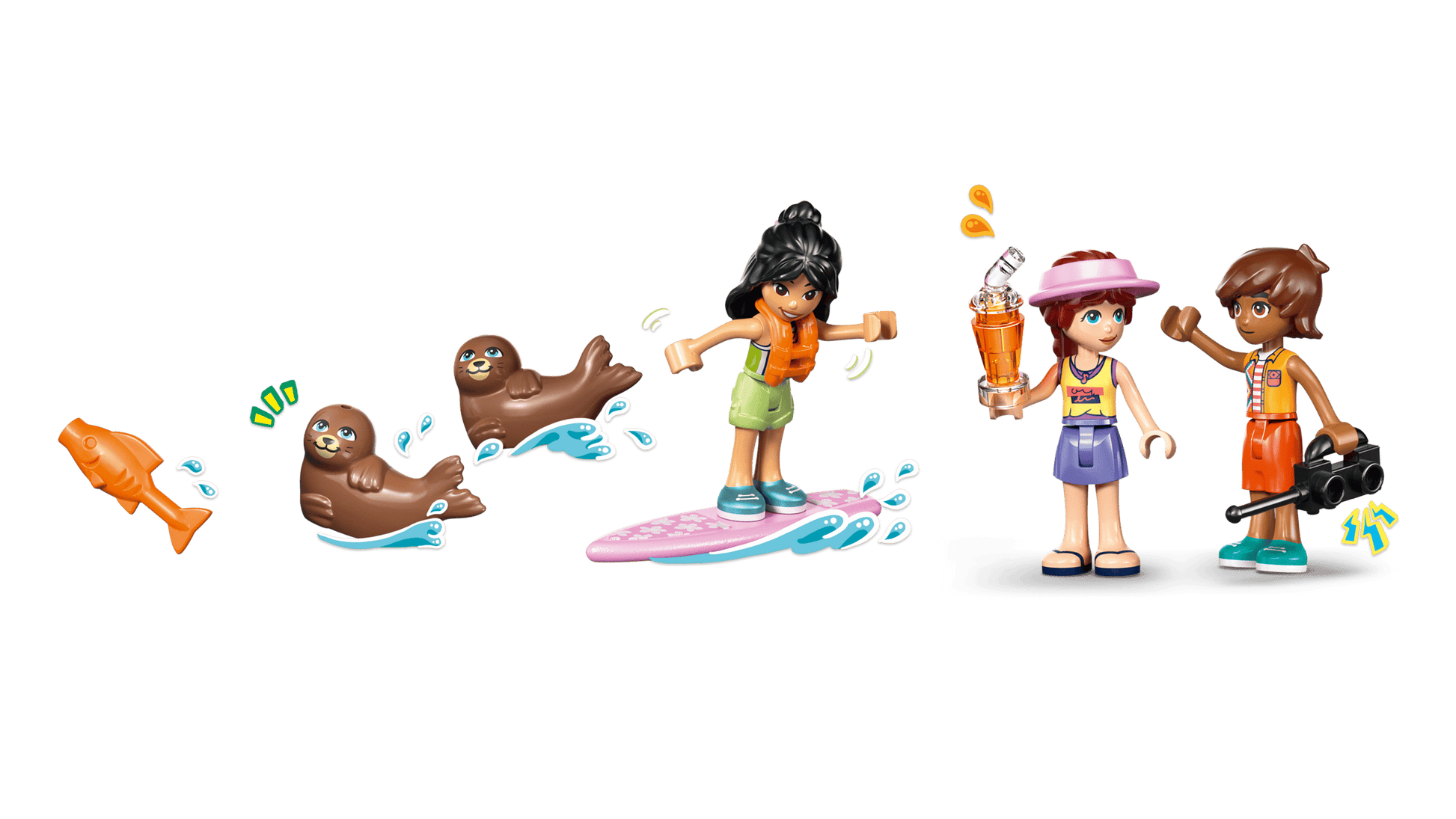 Two cartoon seals swim near a fish as a girl surfs; nearby, kids enjoy ice cream and take photos—a playful scene inspired by the Legos - Toyhouse LEGO® Friends Beach House with Seals.