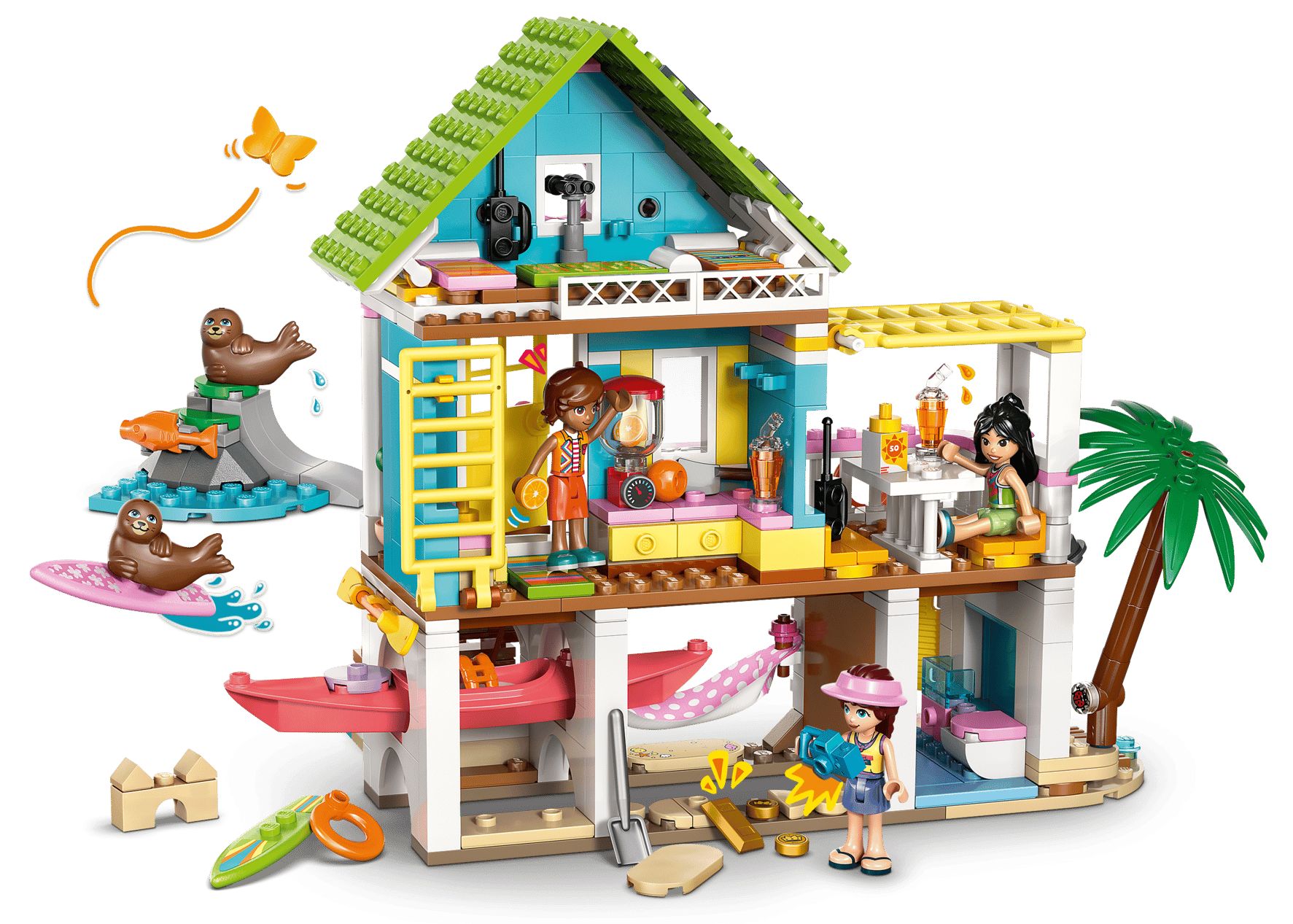 The LEGO® Friends Beach House with Seals by Legos - Toyhouse includes three mini-figures, two sea animals, a surfboard, and beach accessories for creative play.
