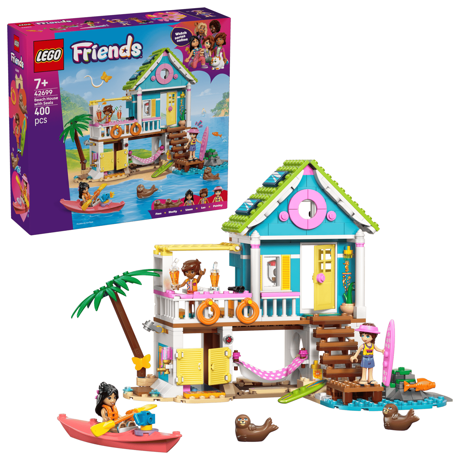 The Legos - Toyhouse LEGO® Friends Beach House with Seals set features a two-story beach house, kayak, animal figures, and 400 pieces; perfect for ages 7+, with packaging depicting a lively seaside scene.