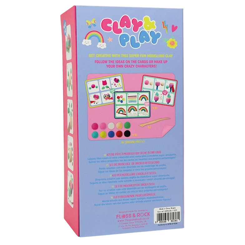 Back of a “Princess Clay & Play” modeling clay kit box by Floss and Rock, featuring vibrant air-dry clay, example creations such as a Rainbow Fairy, multilingual instructions, and images of design idea cards—all part of this fun sculpting kit.