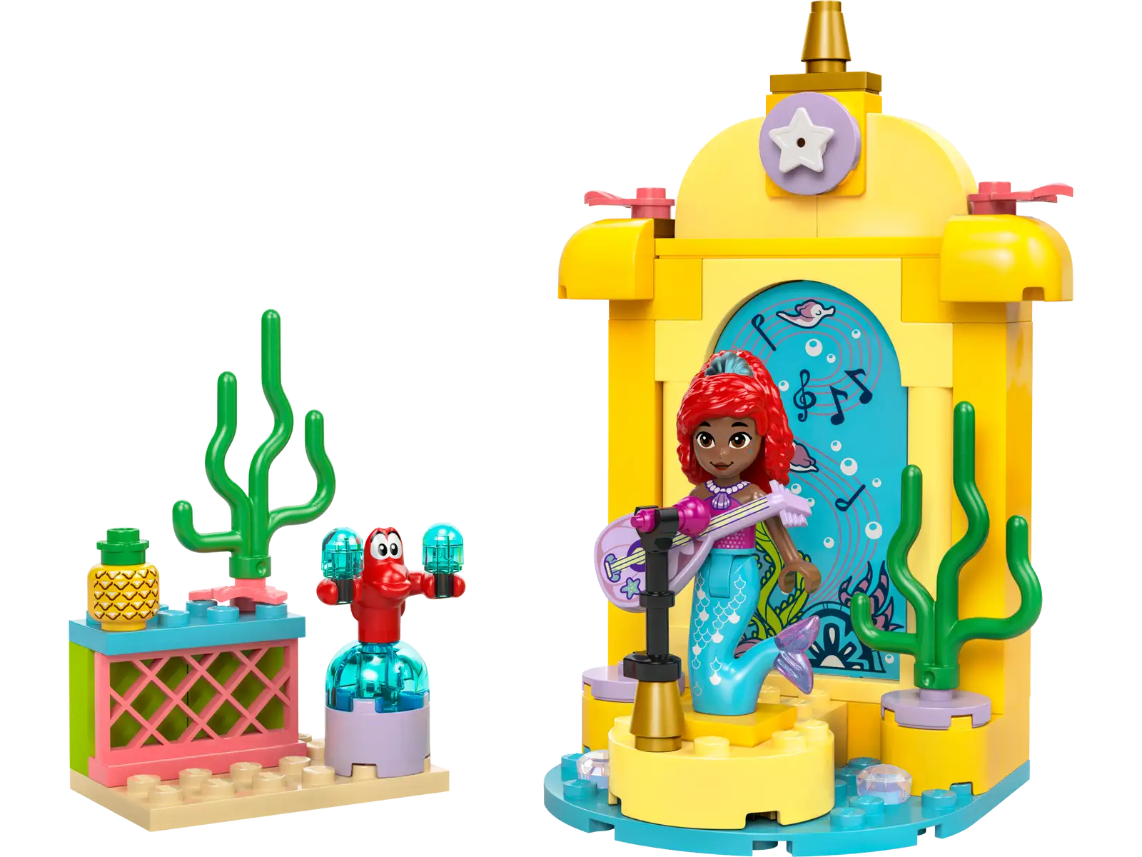 Immerse yourself in a world of fun with the LEGO® Disney Ariel's Music Stage set by Legos - Toyhouse. This enchanting building toy features Disney Ariel as a mermaid mini-figure with vibrant red hair and a microphone, accompanied by a yellow structure adorned with musical notes and a charming little red crab to enhance the aquatic-themed decorations.