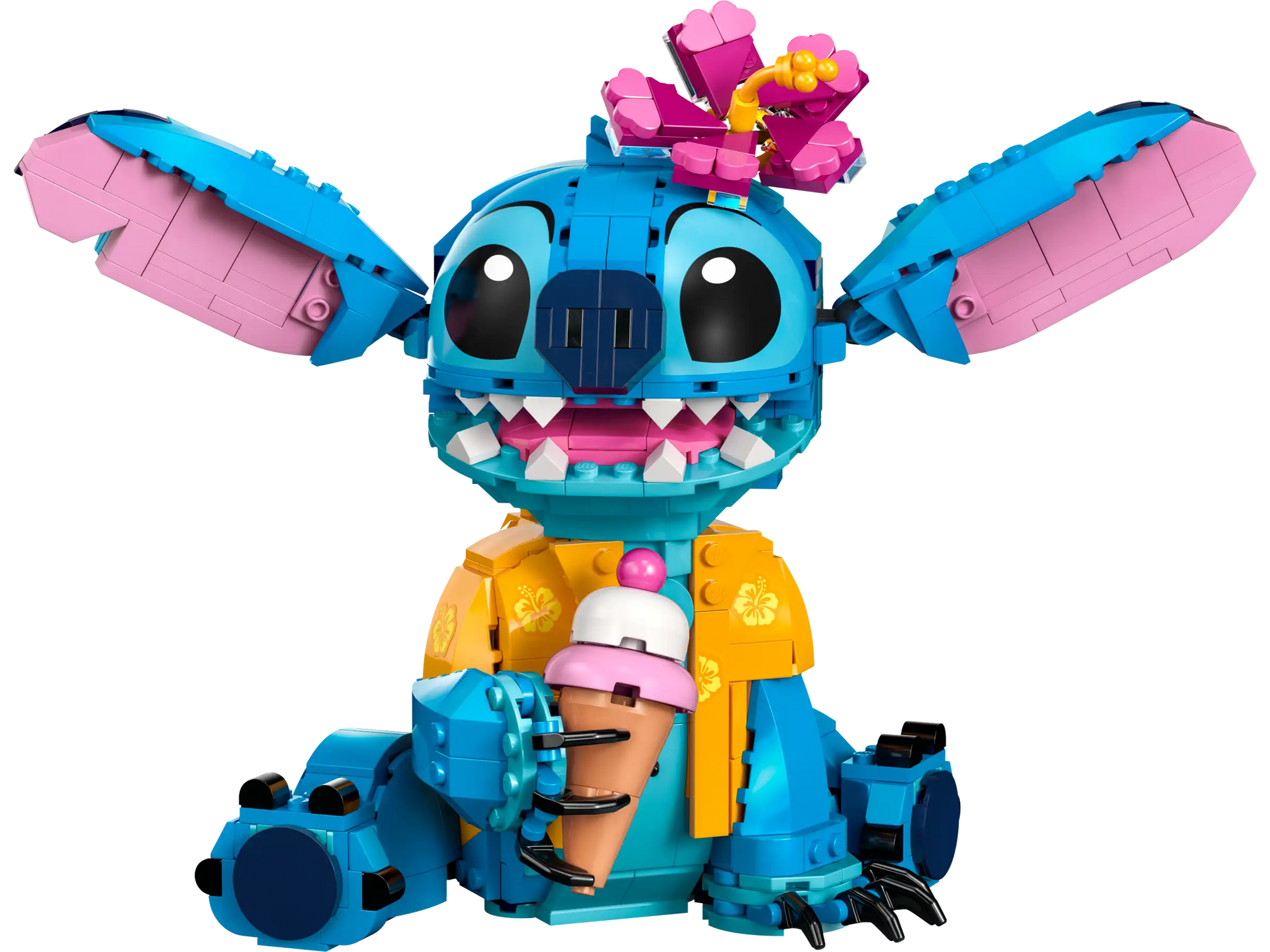The LEGO® Disney™ Stitch by Legos - Toyhouse features a blue and pink Stitch with a yellow shirt, flower crown, and pink ice cream cone—a cute buildable set that's the perfect Disney gift.