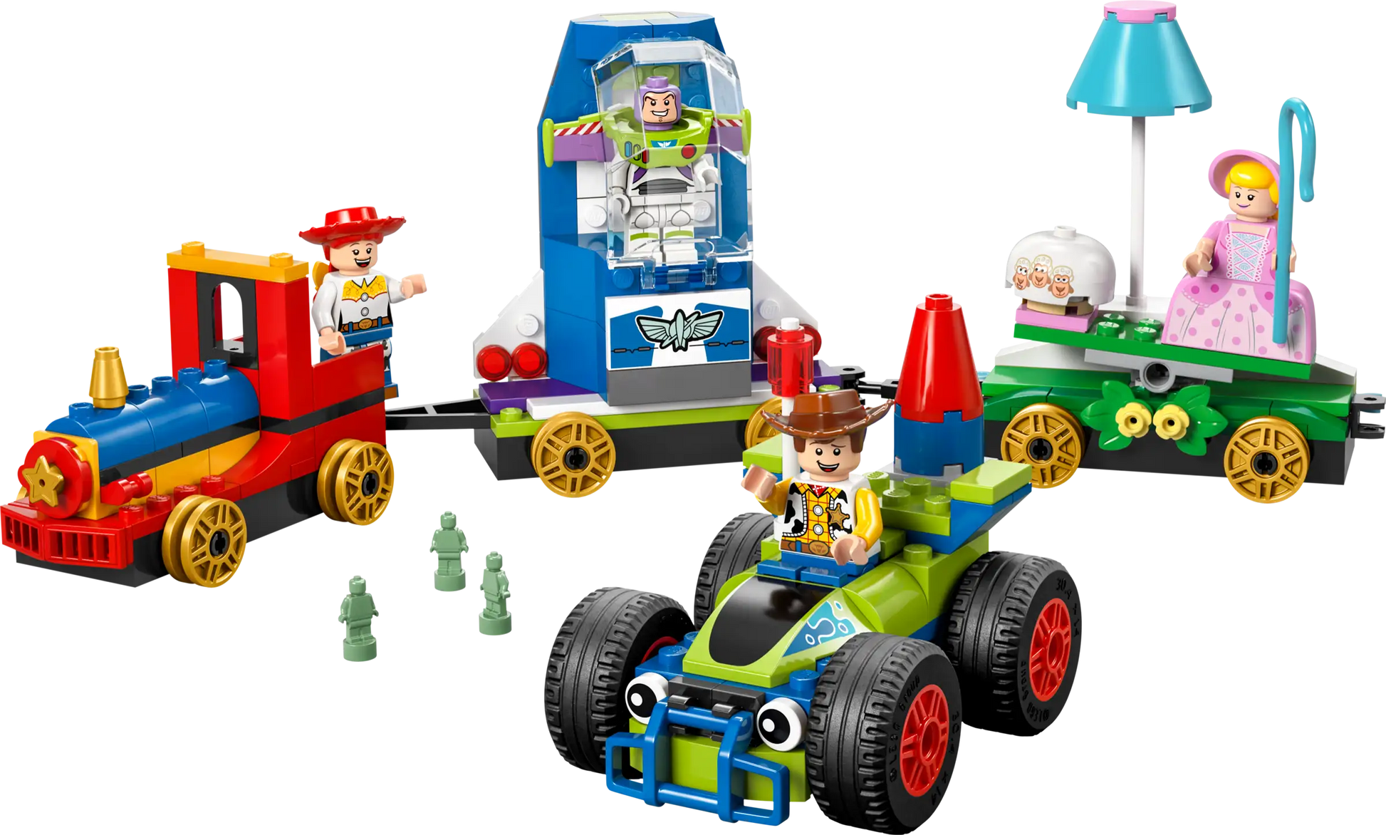Celebrate Toy Story’s 30th anniversary with the LEGO® Disney™ Toy Story Celebration Train & RC Car by Legos - Toyhouse, featuring Woody in a car, Jessie on a train, Buzz Lightyear in a rocket, and Bo Peep with her sheep.