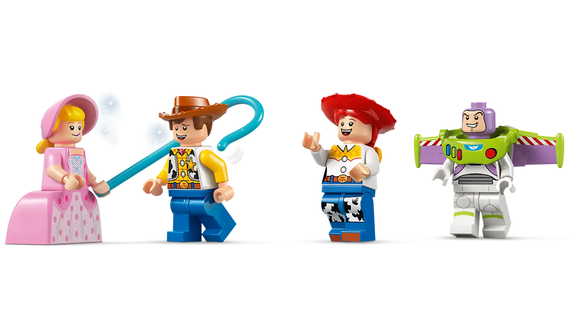 Bo Peep, Woody, Jessie, and Buzz Lightyear minifigures from the Legos - Toyhouse LEGO® Disney™ Toy Story Celebration Train & RC Car set stand in a row against a plain white background.