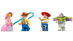 Bo Peep, Woody, Jessie, and Buzz Lightyear minifigures from the Legos - Toyhouse LEGO® Disney™ Toy Story Celebration Train & RC Car set stand in a row against a plain white background.