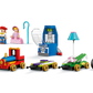 LEGO® Disney™ Toy Story Celebration Train & RC Car by Legos - Toyhouse, featuring mini-figures of Woody, Buzz Lightyear, Jessie, Bo Peep, and more vehicles and objects arranged in a row on a white background.