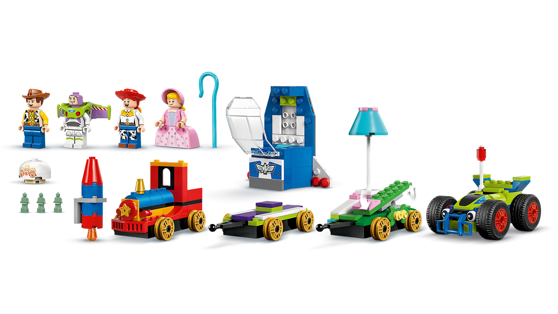 LEGO® Disney™ Toy Story Celebration Train & RC Car by Legos - Toyhouse, featuring mini-figures of Woody, Buzz Lightyear, Jessie, Bo Peep, and more vehicles and objects arranged in a row on a white background.