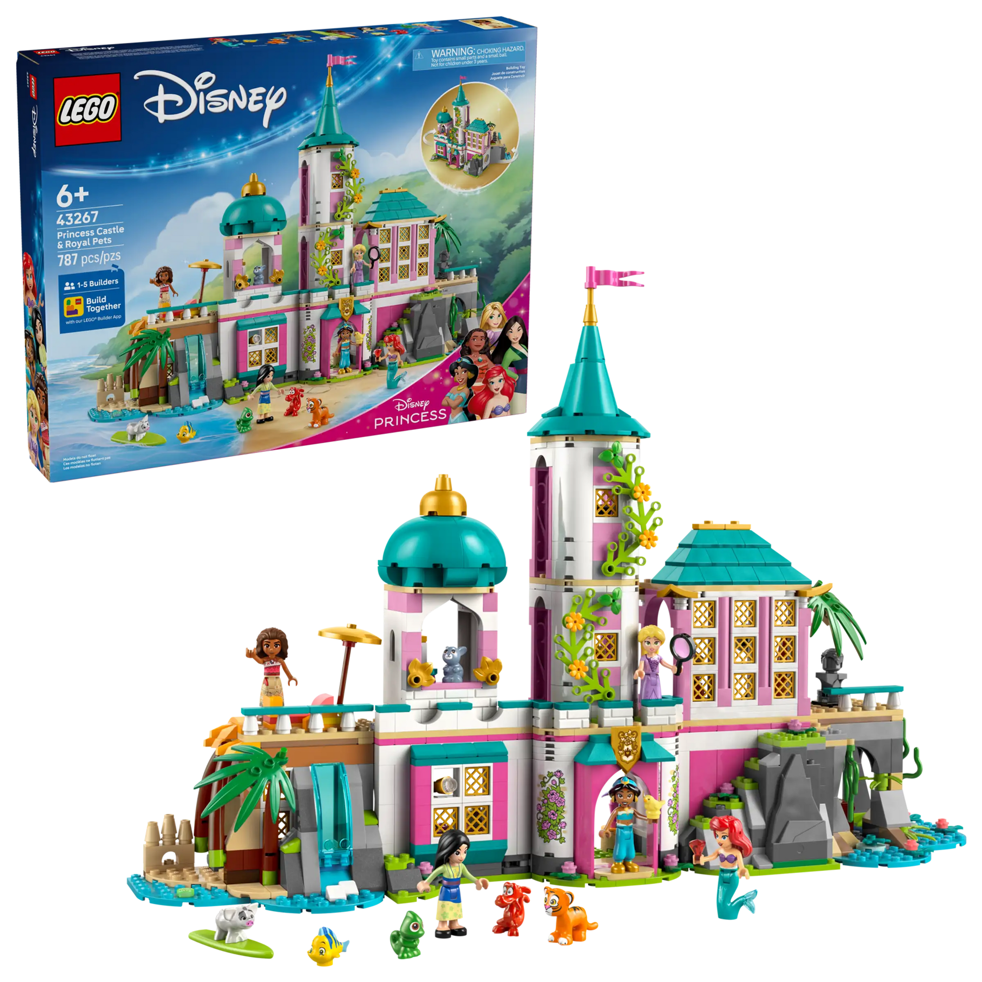 LEGO® Disney™ Princess Castle & Royal Pets playset by Legos - Toyhouse features figures, animals, and accessories on display; LEGO 43267 product box appears in the background.