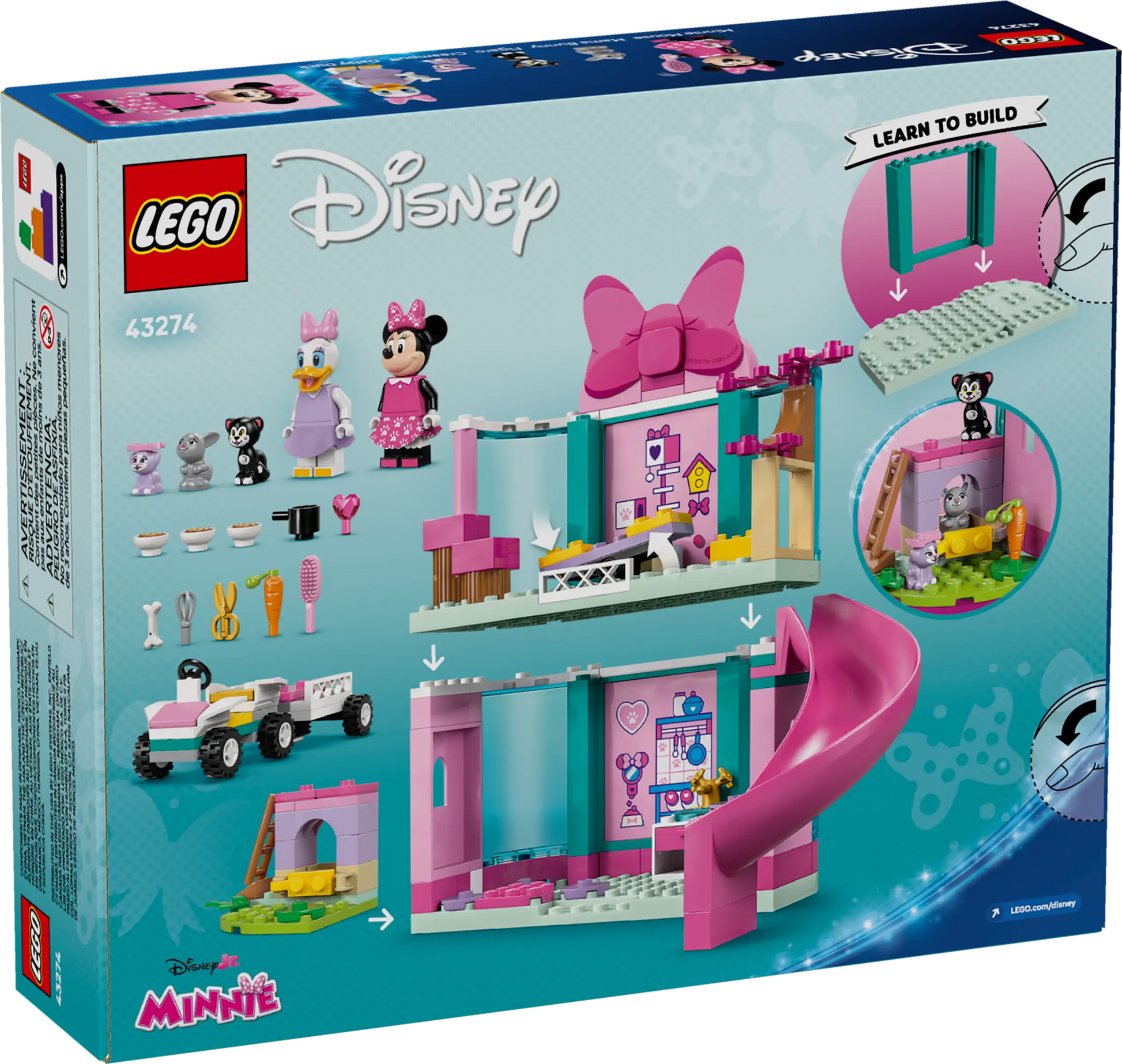 The LEGO® Disney™ Minnie's Pet Hotel by Legos - Toyhouse includes a Minnie Mouse-themed building, pets, accessories, a slide, car, and instructions—ideal for Mickey Mouse Clubhouse fans.