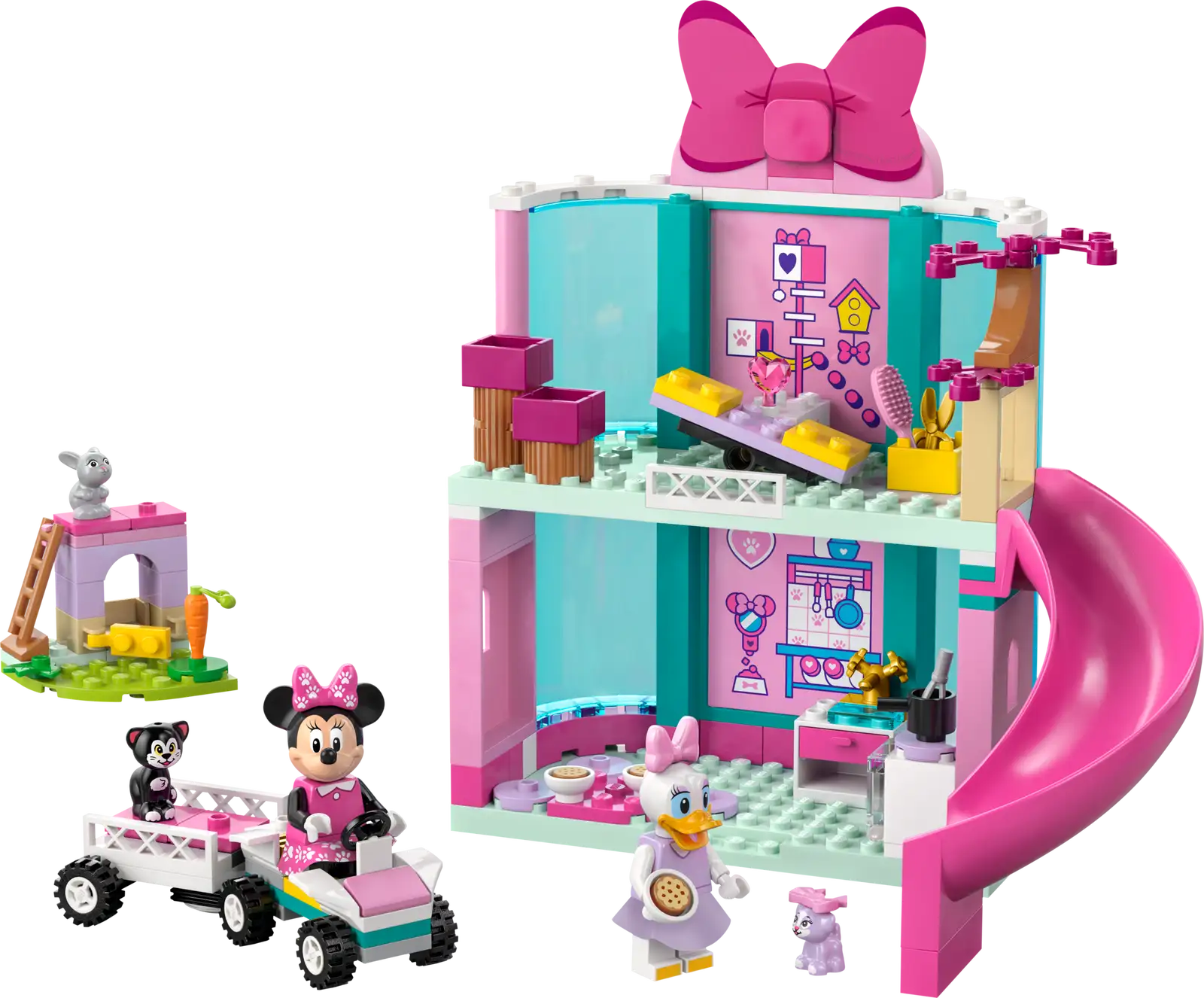 LEGO® Disney™ Minnie's Pet Hotel by Legos - Toyhouse is a fun building toy with a 2-story pink and teal house, slide, Minnie Mouse & Daisy Duck figures, car, animals, and accessories—ideal for any Mickey Mouse Clubhouse fan.