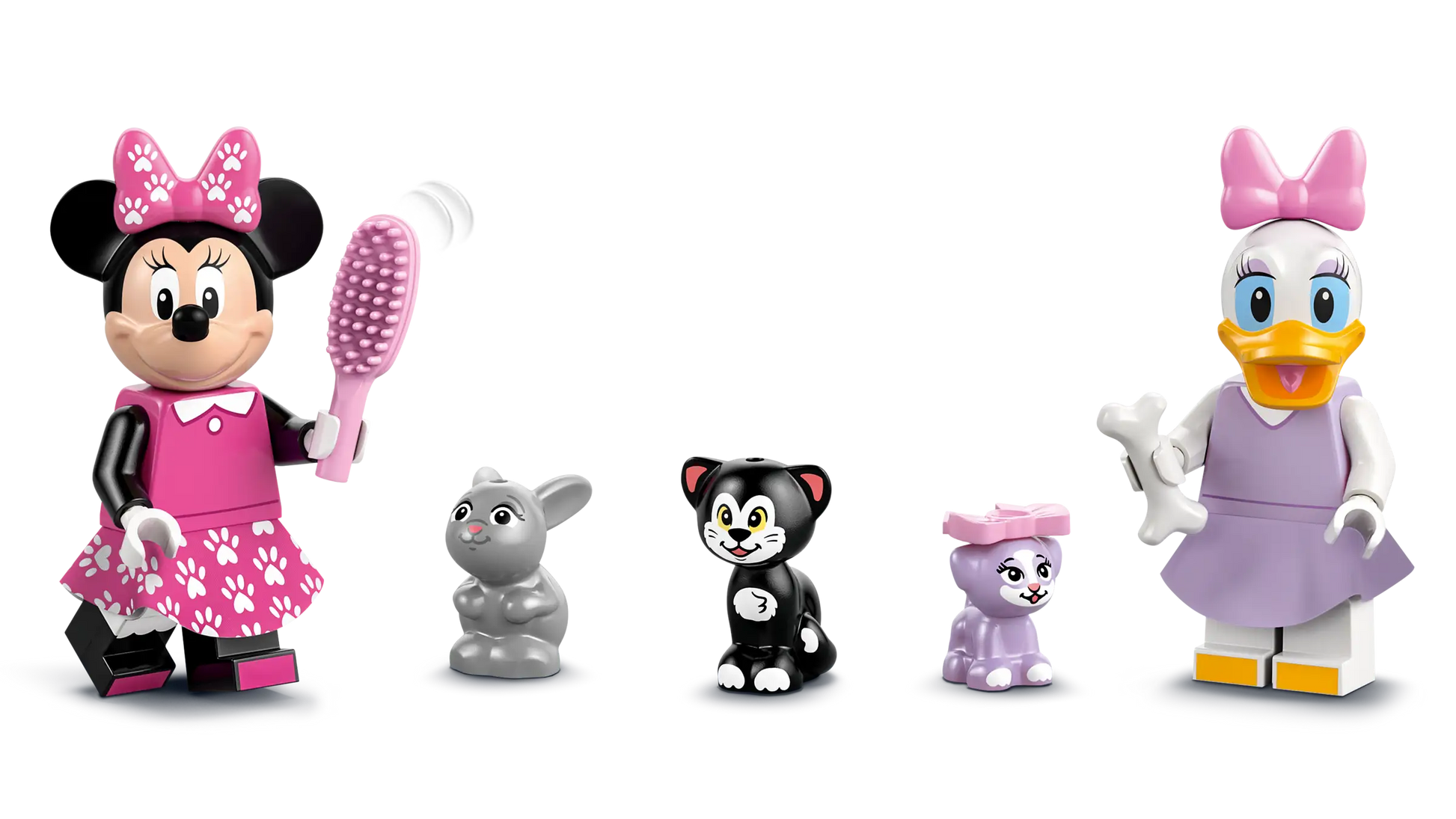 LEGO® Disney™ Minnie's Pet Hotel by Legos - Toyhouse includes Minnie Mouse with a pink brush, Daisy Duck with a white bone, a gray rabbit, a black cat, and a purple cat with pink bow—great for Mickey Mouse Clubhouse fans.