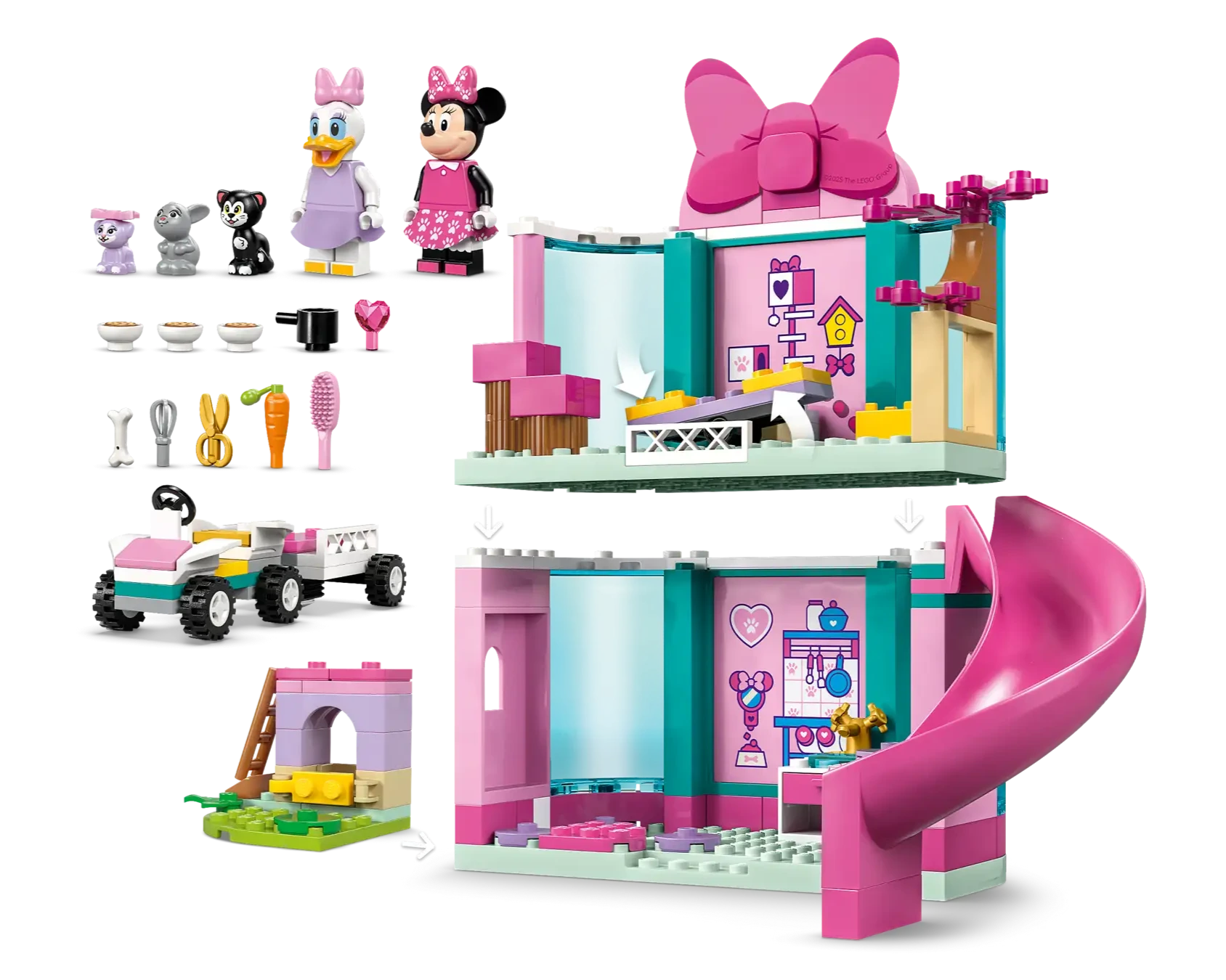 The LEGO® Disney™ Minnie's Pet Hotel by Legos - Toyhouse is a two-story playhouse with a pink slide, bow decor, mini-figures, car, and accessories—ideal for fans of Mickey Mouse Clubhouse building fun.