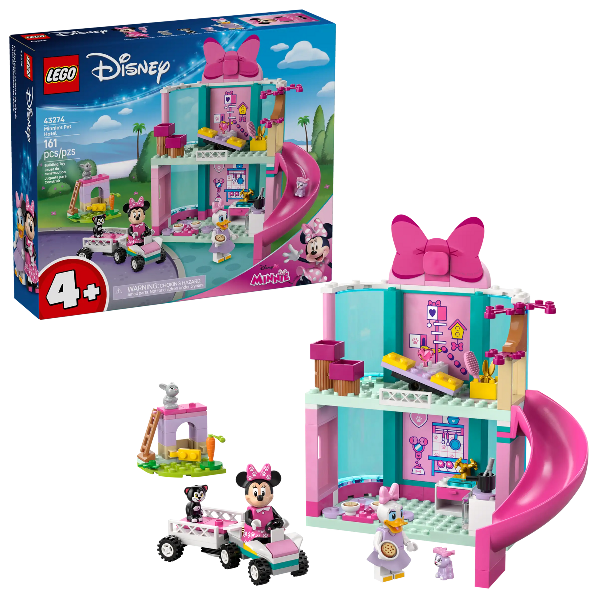 The LEGO® Disney™ Minnie's Pet Hotel by Legos - Toyhouse includes Minnie Mouse and Daisy Duck in a two-story pink house with a slide, small vehicle, and fun accessories—ideal for Mickey Mouse Clubhouse fans. Box shown in background.