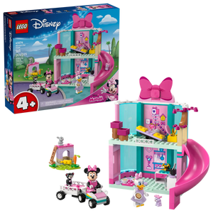 The LEGO® Disney™ Minnie's Pet Hotel by Legos - Toyhouse includes Minnie Mouse and Daisy Duck in a two-story pink house with a slide, small vehicle, and fun accessories—ideal for Mickey Mouse Clubhouse fans. Box shown in background.
