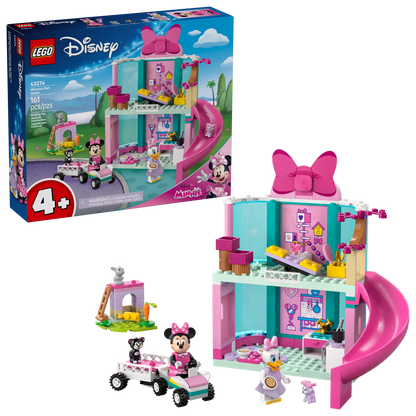 The LEGO® Disney™ Minnie's Pet Hotel by Legos - Toyhouse includes Minnie Mouse and Daisy Duck in a two-story pink house with a slide, small vehicle, and fun accessories—ideal for Mickey Mouse Clubhouse fans. Box shown in background.