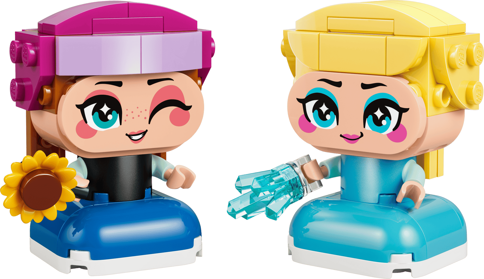Build creative adventures with the LEGO® Disney™ Mini Anna & Elsa set by Legos - Toyhouse, featuring two figures: Anna with brown hair, pink hat, and sunflower; Elsa blonde with blue ice-like pieces. Perfect for kids!.