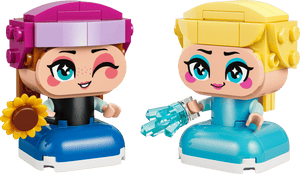 Build creative adventures with the LEGO® Disney™ Mini Anna & Elsa set by Legos - Toyhouse, featuring two figures: Anna with brown hair, pink hat, and sunflower; Elsa blonde with blue ice-like pieces. Perfect for kids!.