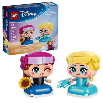 LEGO® Disney™ Mini Anna & Elsa by Legos - Toyhouse features brick-built Anna and Elsa toys with fun accessories, making it the perfect building set for kids, displayed in front of the product box.