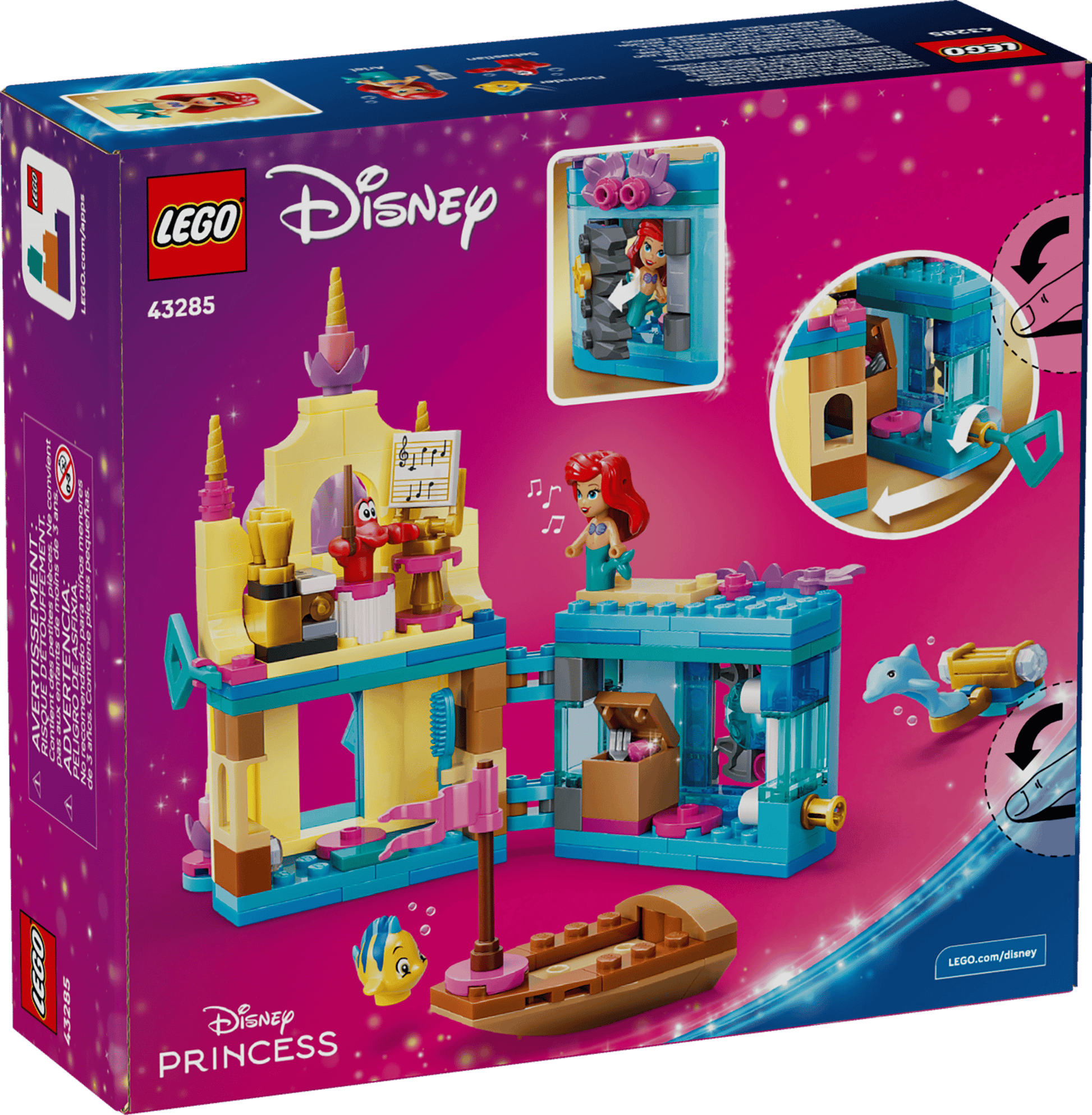 Legos - Toyhouse's LEGO® Disney™ Ariel's Magical Mini Palace set features Ariel’s music room, a boat, and underwater scenes with mini figures of Ariel, Flounder, and Sebastian. The box displays the assembled set and its play features.