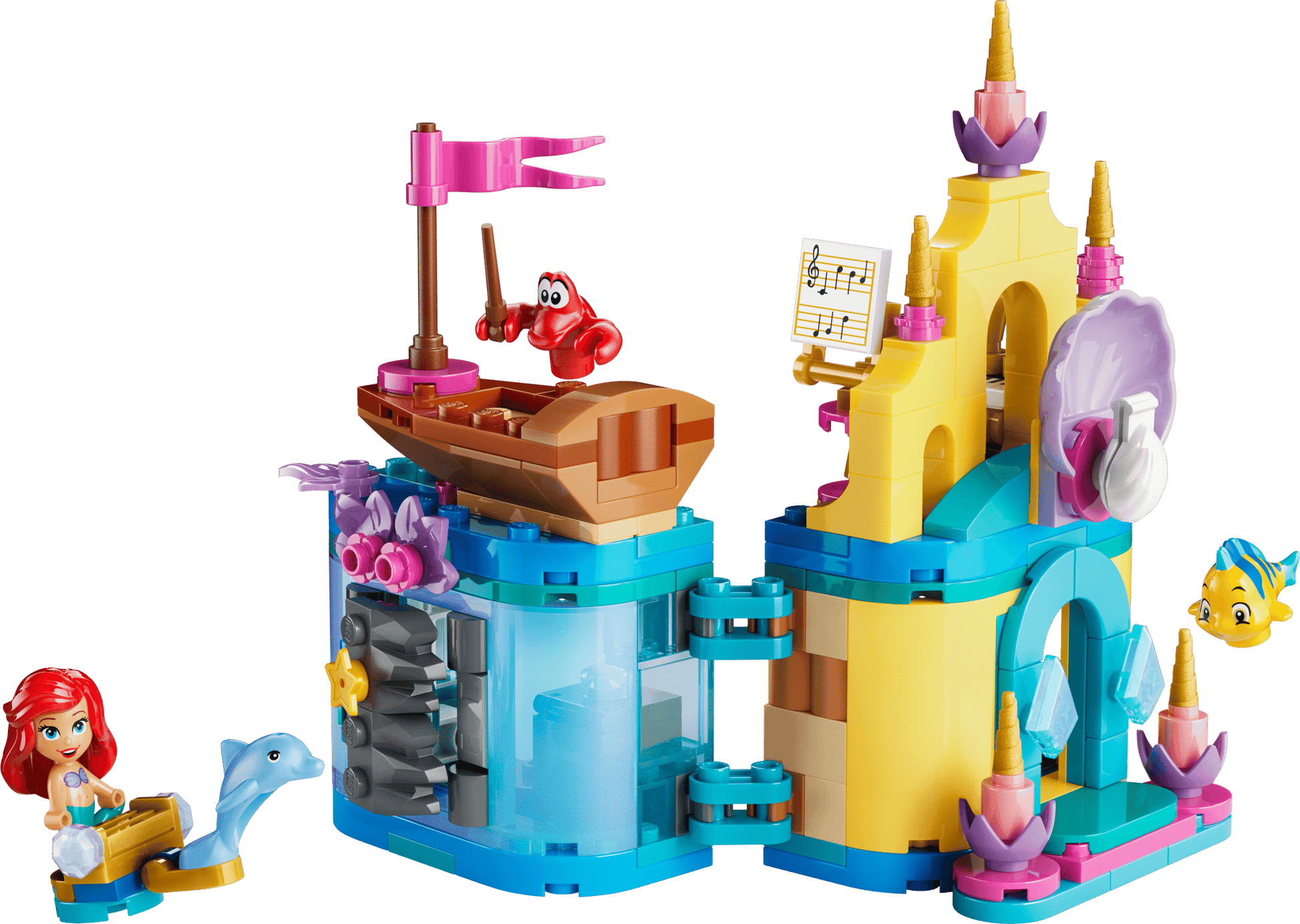 Legos - Toyhouse presents LEGO® Disney™ Ariel's Magical Mini Palace, featuring Ariel, a dolphin, Flounder, Sebastian on a boat, and an underwater castle with colorful blocks and decorative elements.