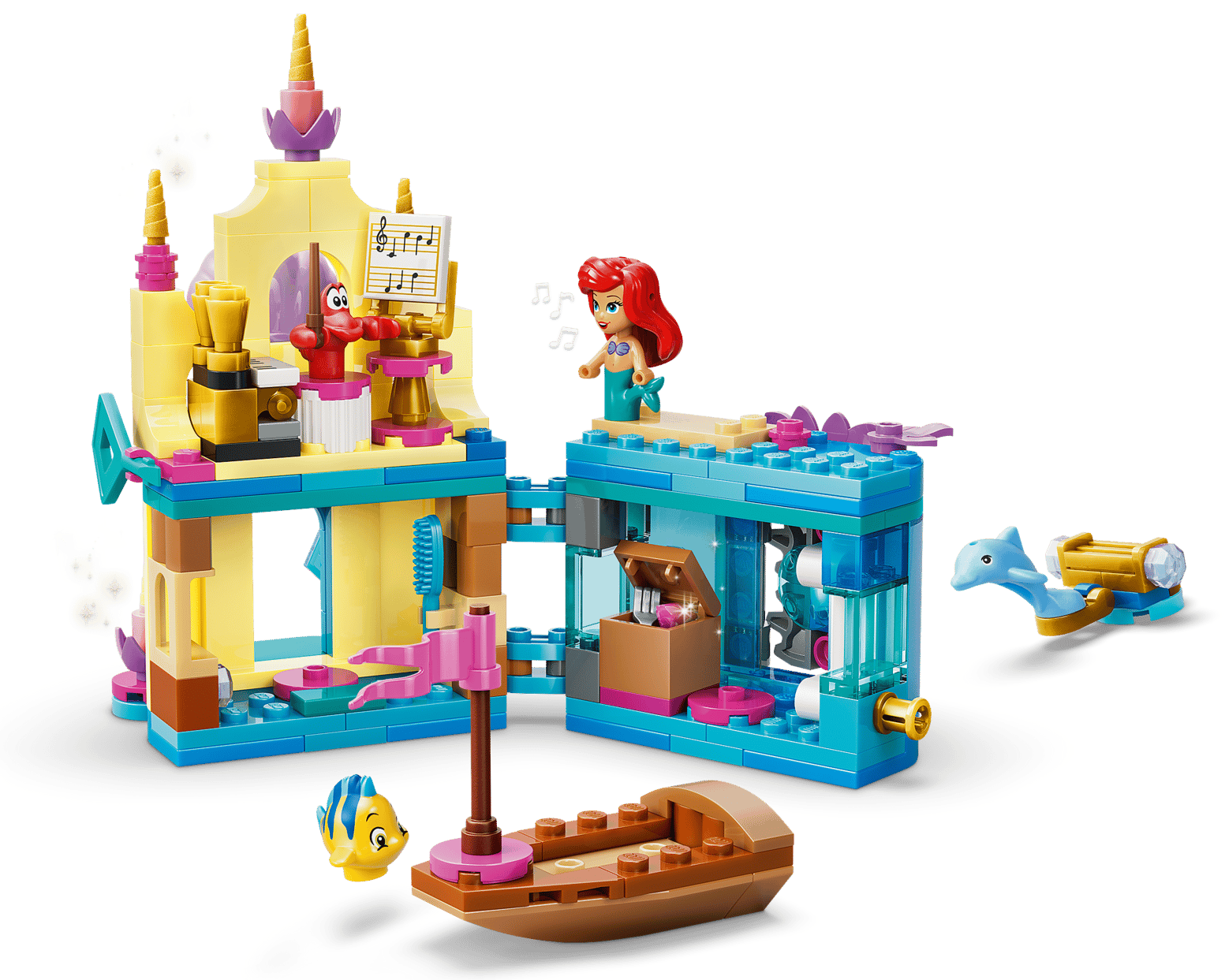 The Legos - Toyhouse LEGO® Disney™ Ariel's Magical Mini Palace is a colorful building toy featuring Ariel, an underwater scene with a boat, dolphin, bird, mermaid figure, and a magical mini palace castle.
