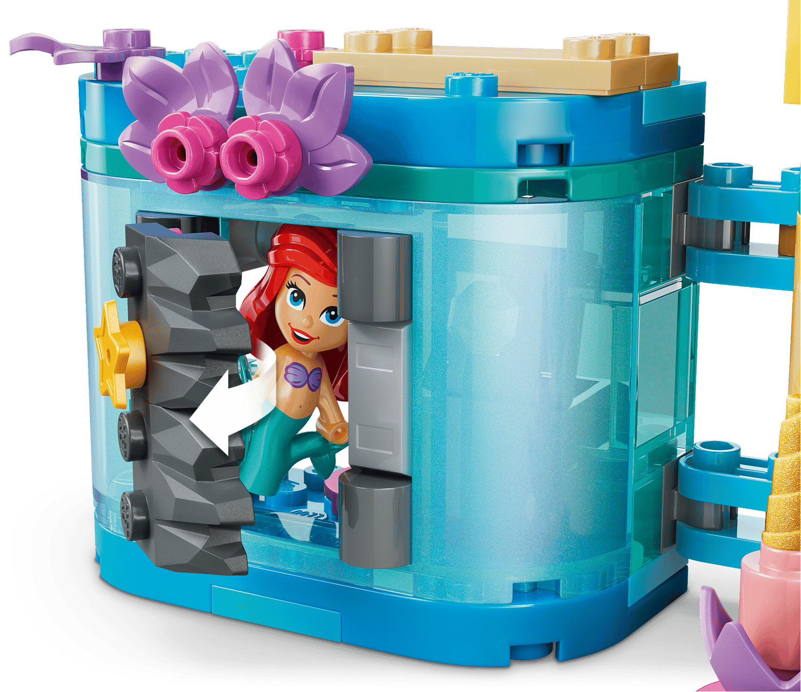 The Legos - Toyhouse LEGO® Disney™ Ariel's Magical Mini Palace includes an Ariel mermaid figure in a mini blue and clear palace with a gray gear door, inspiring magical underwater adventures for kids.