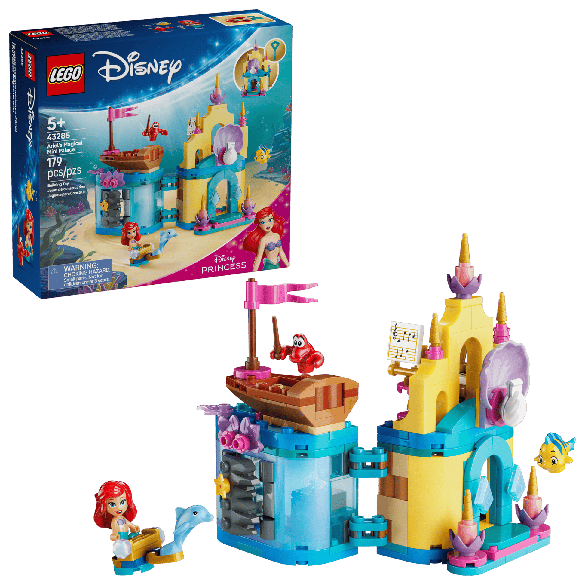 LEGO® Disney™ Ariel's Magical Mini Palace by Legos - Toyhouse features minifigures, a dolphin, fish, and accessories. The box with set details appears in the background.
