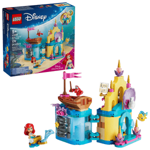 LEGO® Disney™ Ariel's Magical Mini Palace by Legos - Toyhouse features minifigures, a dolphin, fish, and accessories. The box with set details appears in the background.