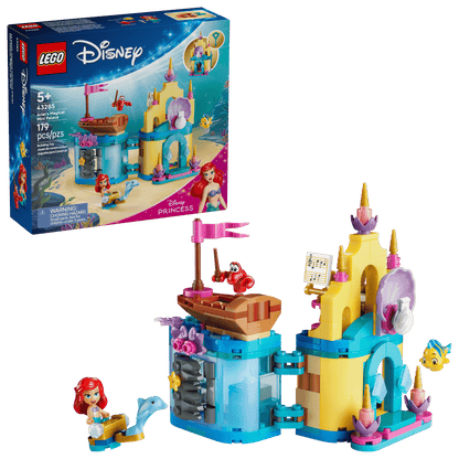 LEGO® Disney™ Ariel's Magical Mini Palace by Legos - Toyhouse features minifigures, a dolphin, fish, and accessories. The box with set details appears in the background.