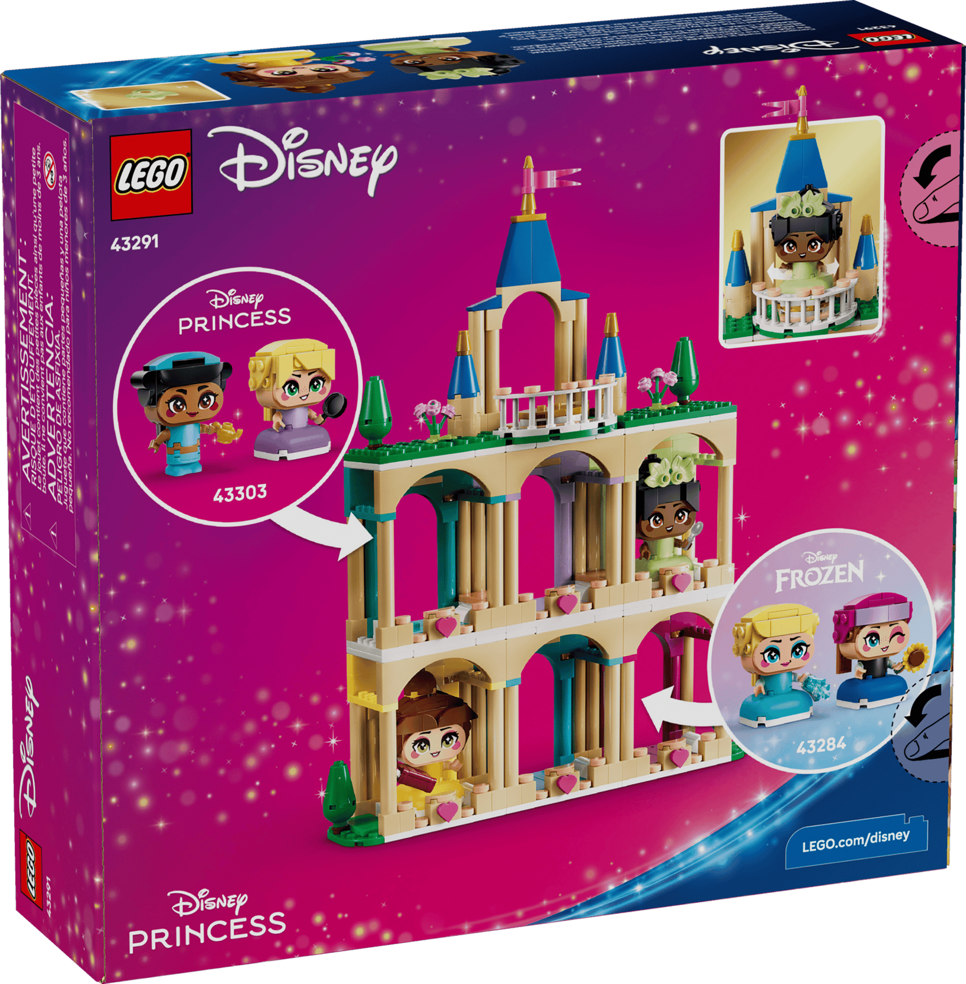 Back of Legos - Toyhouse LEGO® Disney™ Mini Belle & Tiana with Castle box, showcasing a multi-story castle and mini-dolls, plus compatible sets 43303 and 43284 for an enhanced playset experience.