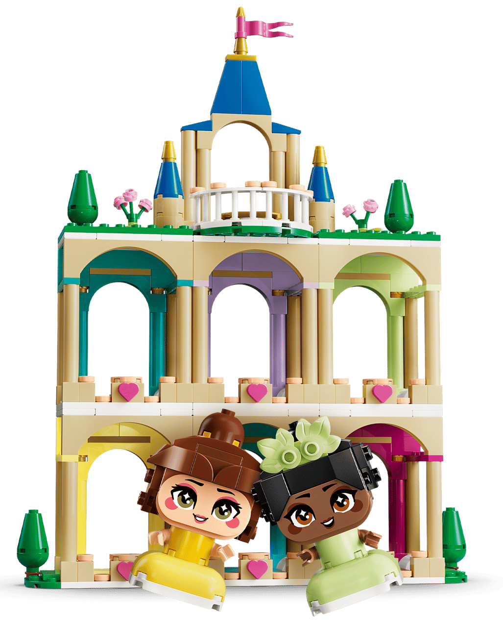 The LEGO® Disney™ Mini Belle & Tiana with Castle by Legos - Toyhouse features an interlocking brick castle and includes Belle and Tiana mini figures, both smiling and wearing different colored hats.