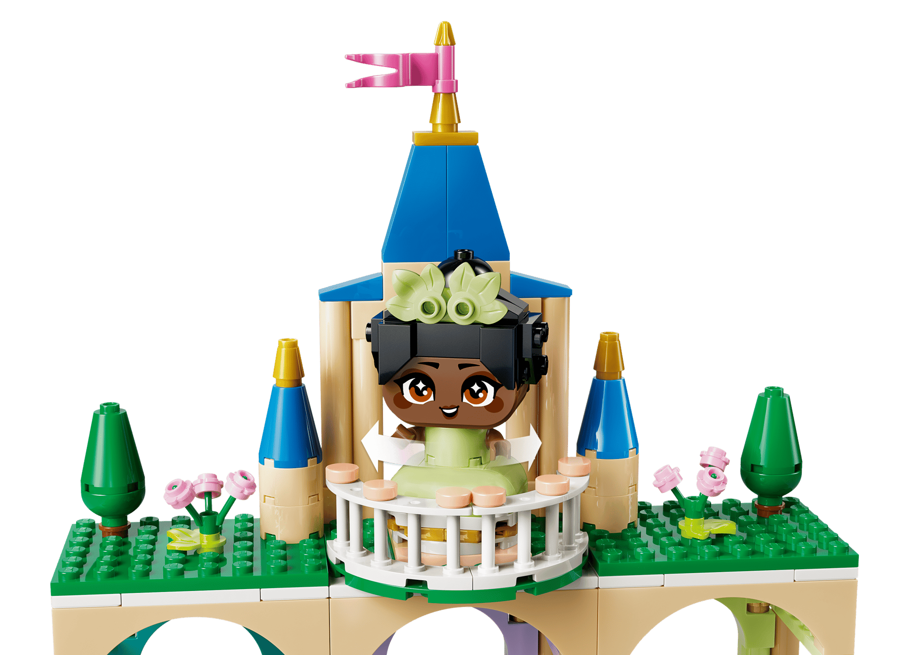 The LEGO® Disney™ Mini Belle & Tiana with Castle by Legos - Toyhouse features smiling mini figures, a castle with blue spires, plus trees and flowers—perfect for any Belle & Tiana playset.