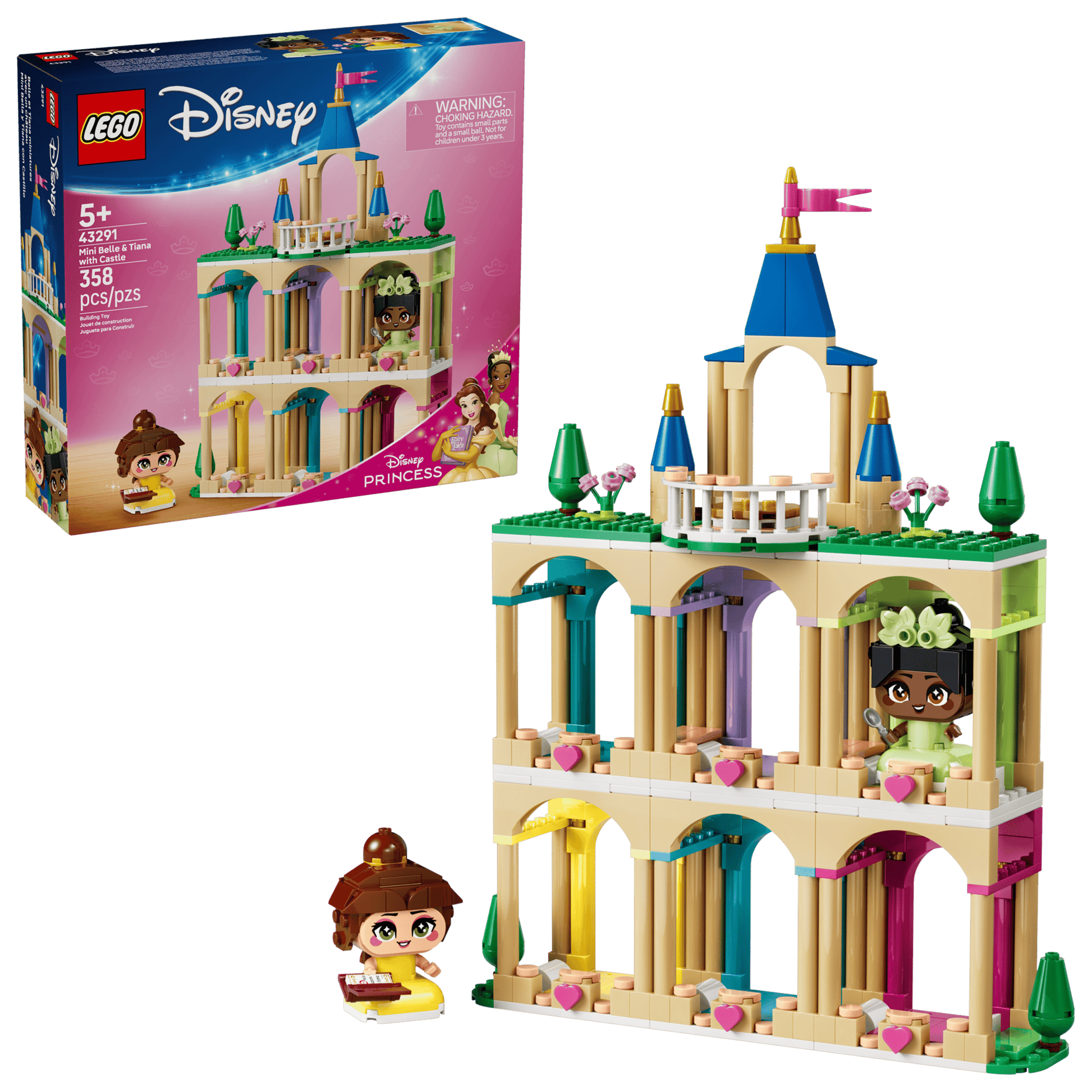 Legos - Toyhouse LEGO® Disney™ Mini Belle & Tiana with Castle building toy includes flower and balcony details, two mini-figures, and a box showing the Belle & Tiana playset with the assembled castle and included pieces.