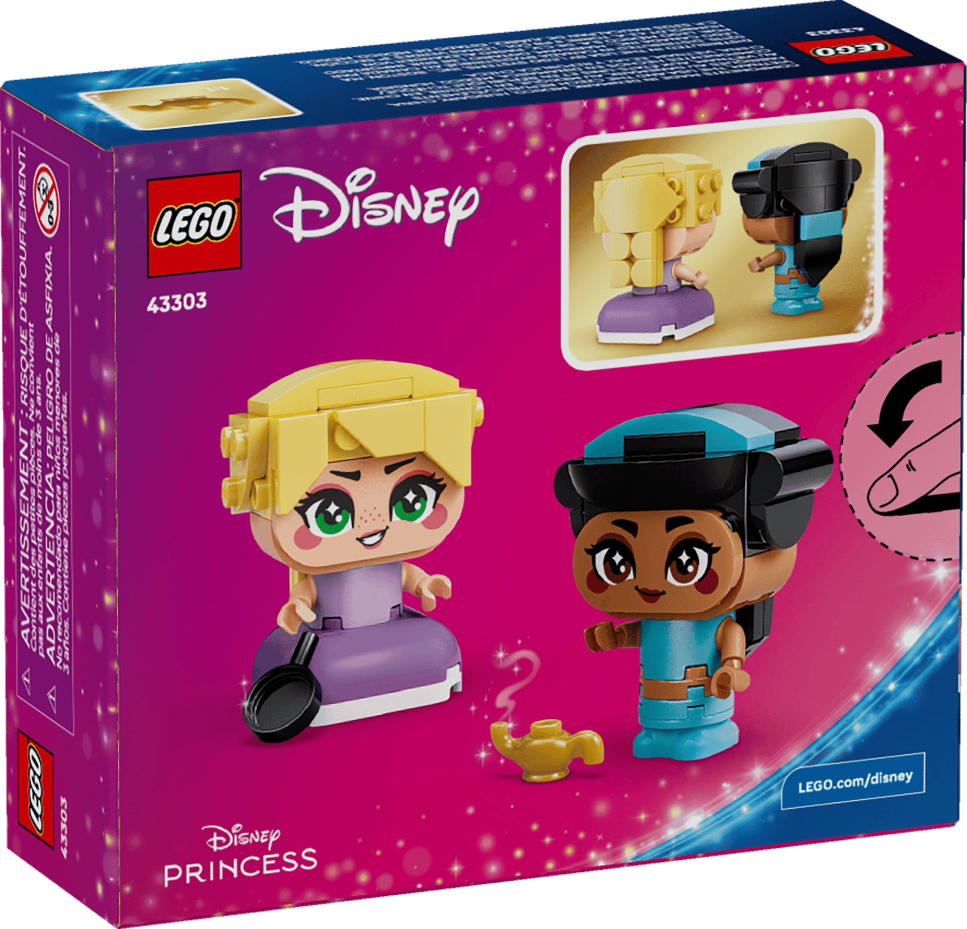 The back of the LEGO® Disney™ Mini Jasmine & Rapunzel set box from Legos - Toyhouse shows Jasmine and Rapunzel figures, a magic lamp, and easy assembly steps for this enchanting building playset.